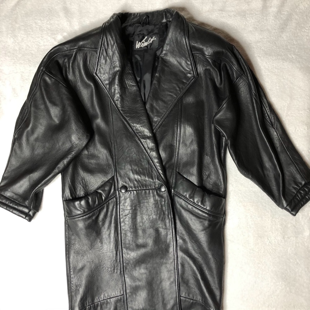 💜 Vintage 80s padded shoulder calf length tapered long leather trench coat Med